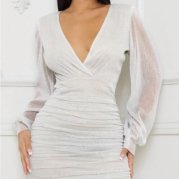 silver ruched mini dress Iridescent Metallic Ruched Dress in Silver